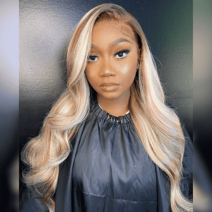 250% 300% density Body Wave human hair wig, Pink Brown On Blonde Highlights