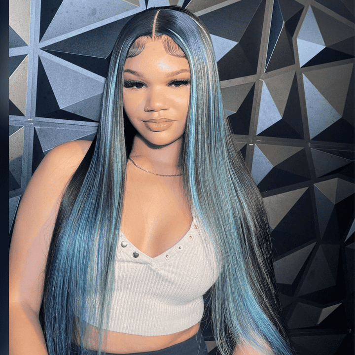 250% Density Black Wig With Light Blue Highlights, 13x4 lace front