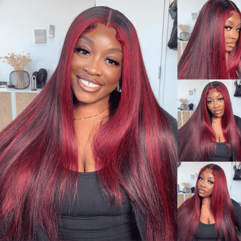 250% Density Black With Burgundy Red Highlights 13x4 lace front straight wig