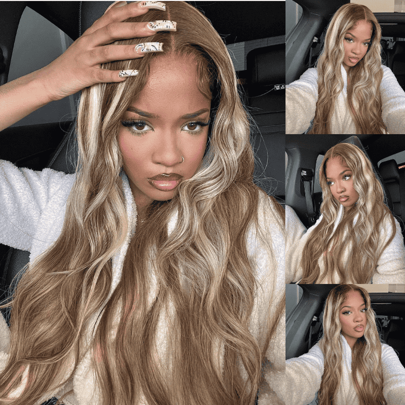 250% Density Blonde Brown Highlights 13x4 lace front wig, Body Wave