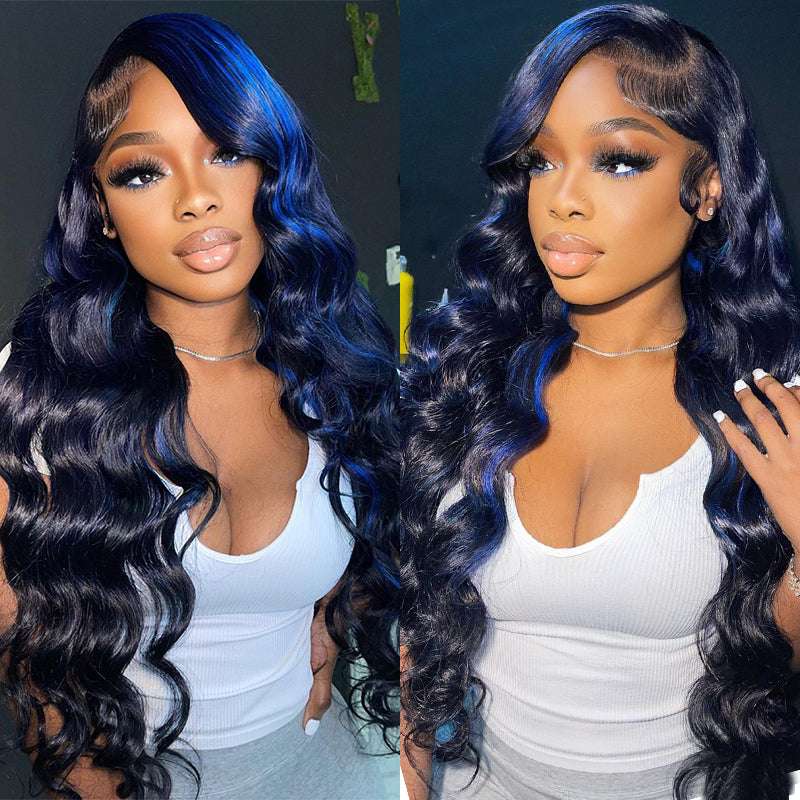 250% Density Blue Highlight Human Hair Wig Loose Deep Wave Curls