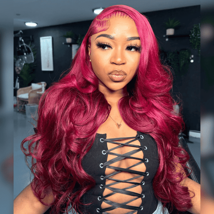 250% Density Burgundy Red Body Wave 13x4 HD lace front wig