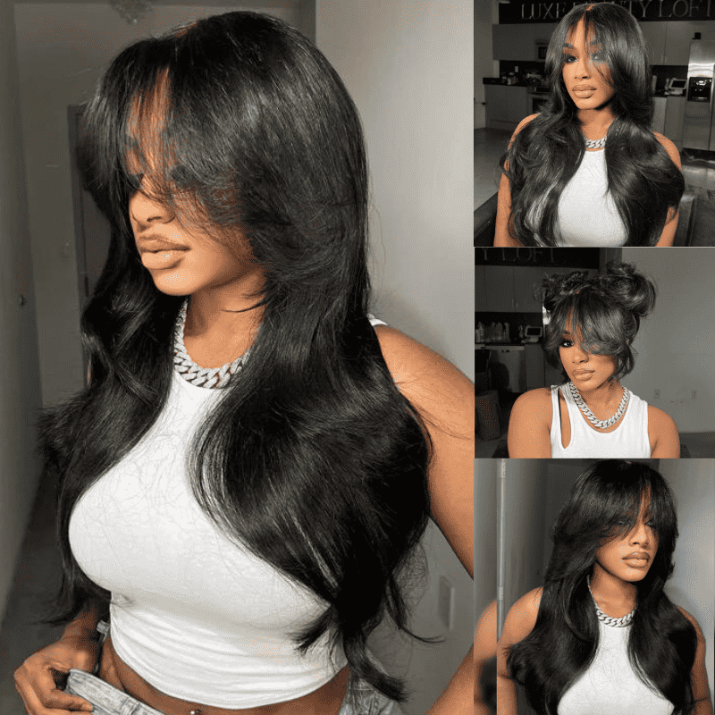 250% Density Curtain Bangs 13x4 13x6 lace front Body Wave wig