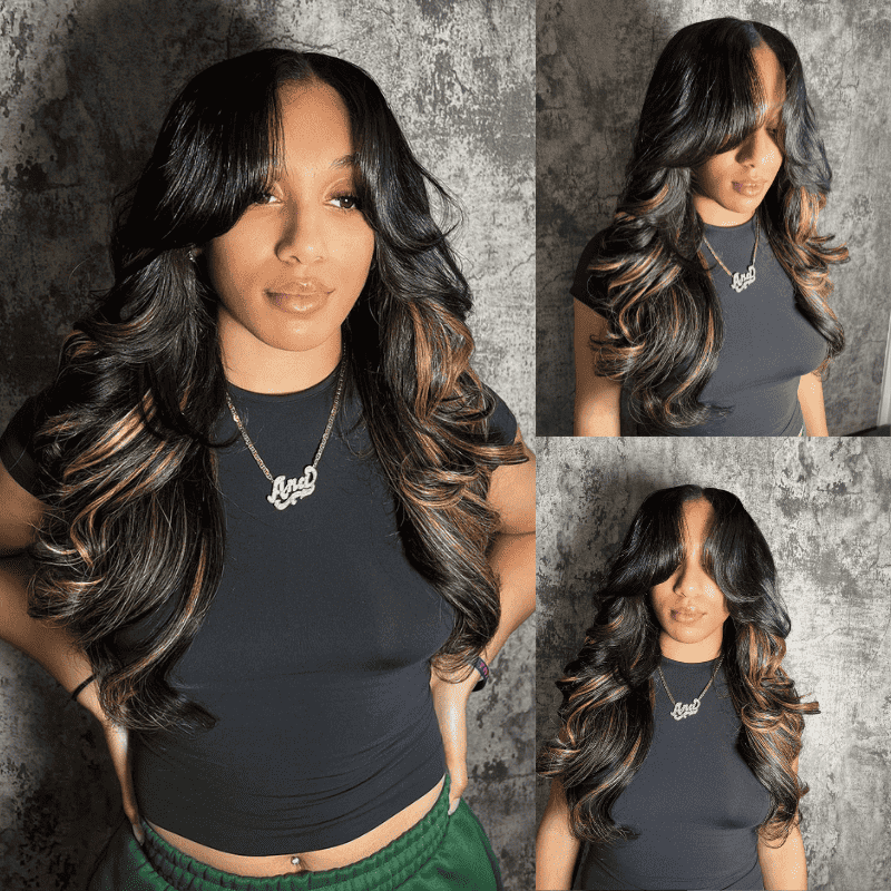 250% Density Curtain Bangs wig, 13x4 lace front, Brown Highlights