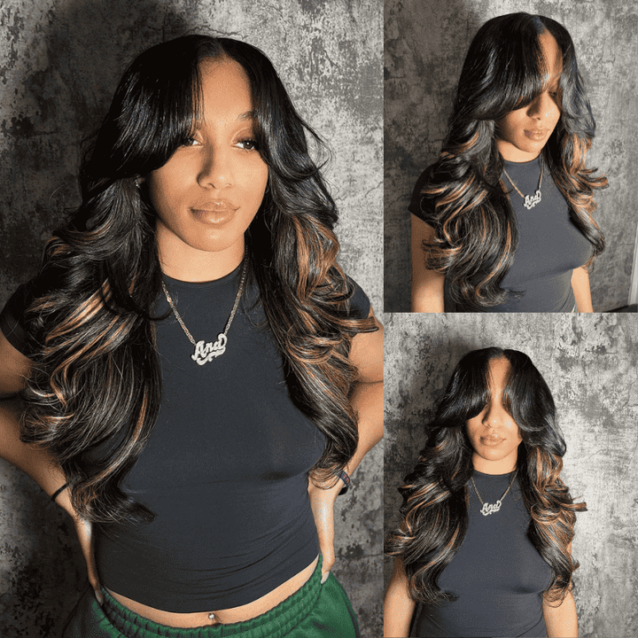 250% Density Curtain Bangs wig, 13x4 lace front, Brown Highlights