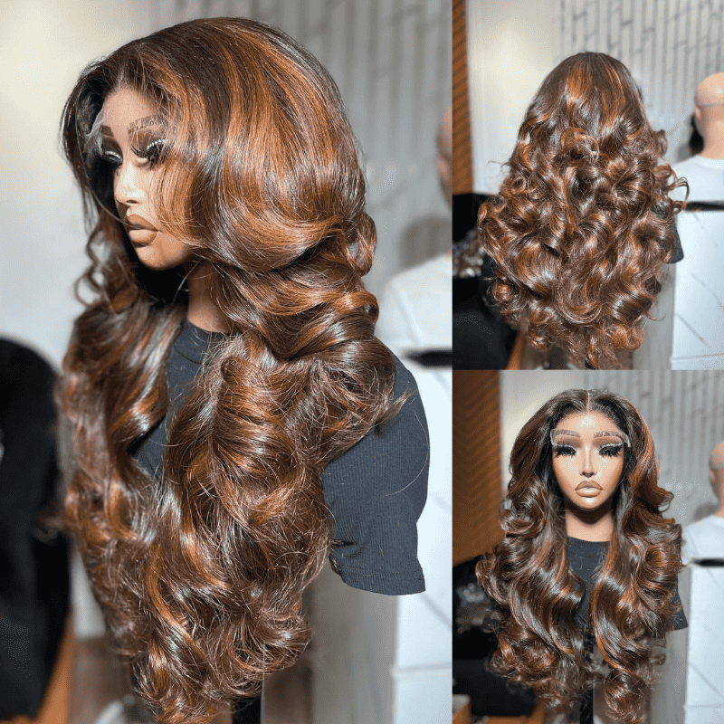 250% Density Ginger On Brown Highlights 13x4 lace front wig, Body Wave