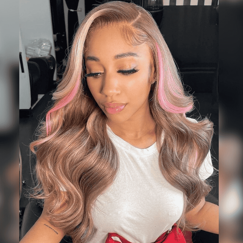 250% Density Neapolitan Lace Front Wig With Pink Highlight Brown Hair