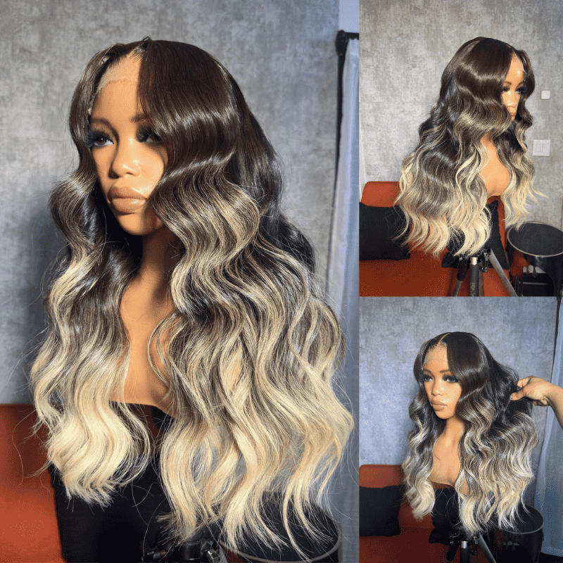250% Density Ombre Brown Ash Blonde Highlight 13x4 lace front wig