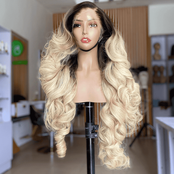 250% Density Ombre Dark Brown Blonde Wig, Balayage Highlights 13x4 lace front