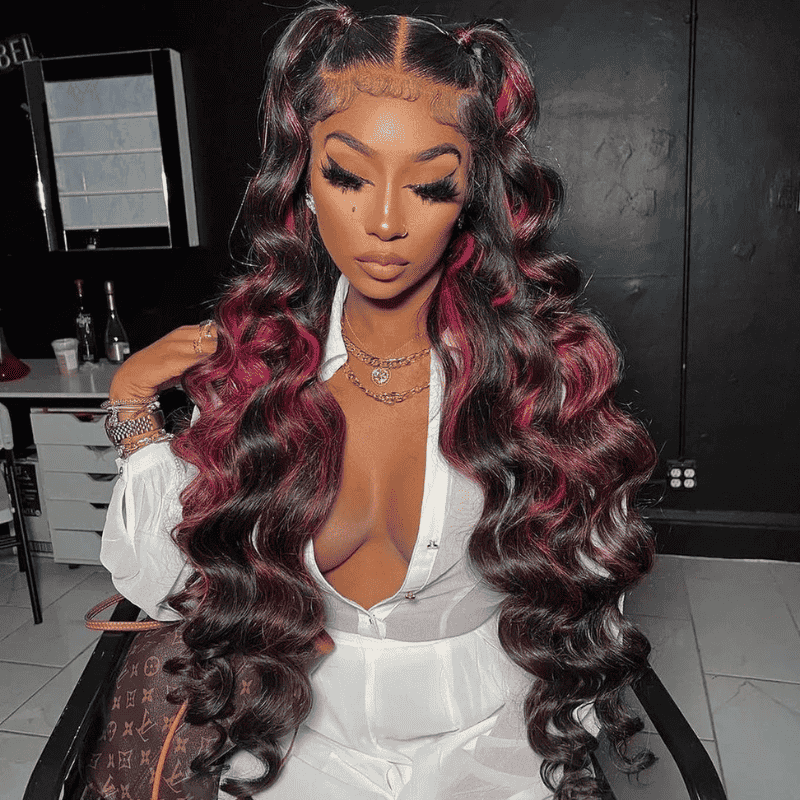 250% density 13x4 lace front wig, long 30-36 inch black hair with Red Highlights