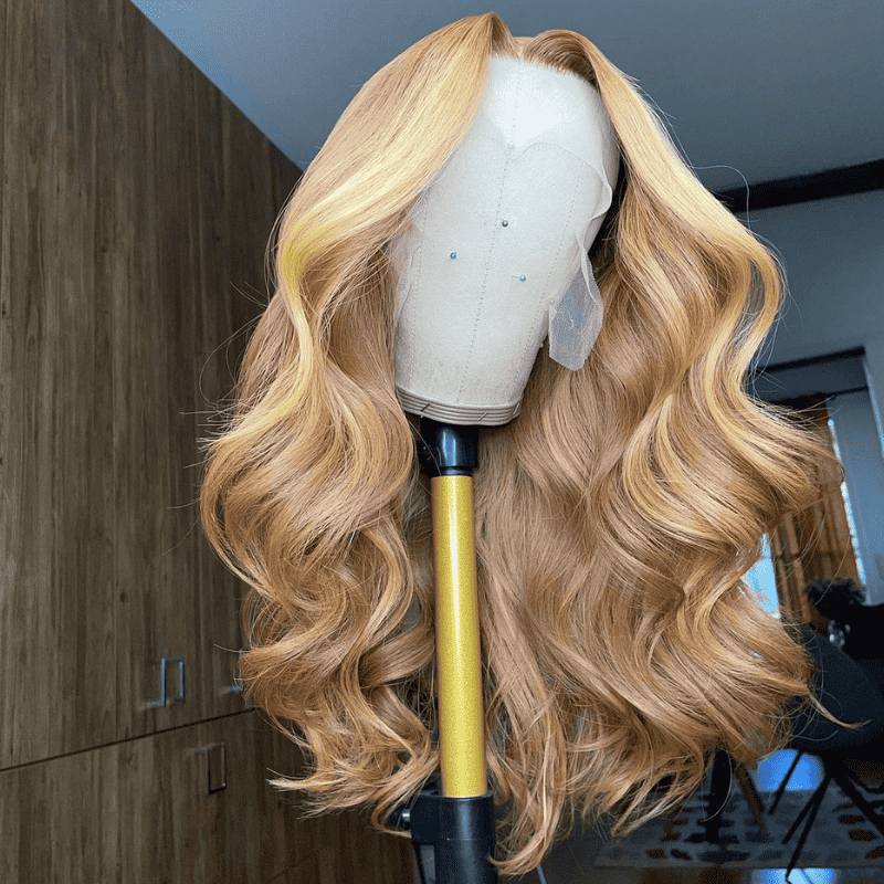 250% density Body Wave human hair wig, Honey Blonde Brown Highlights, 13x4 HD lace