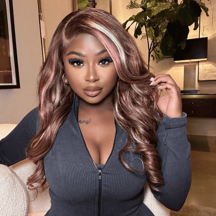 250% density Body Wave human hair wig, Pink Blonde On Chocolate Brown Highlights