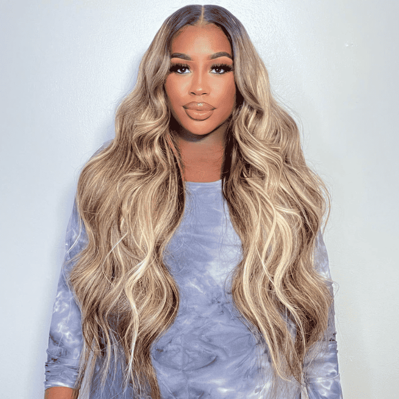 250% density human hair wig, Honey Blonde Brown Highlights, 13x4 HD lace front