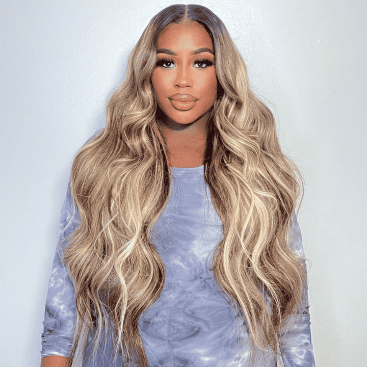 250% density human hair wig, Honey Blonde Brown Highlights, 13x4 HD lace front