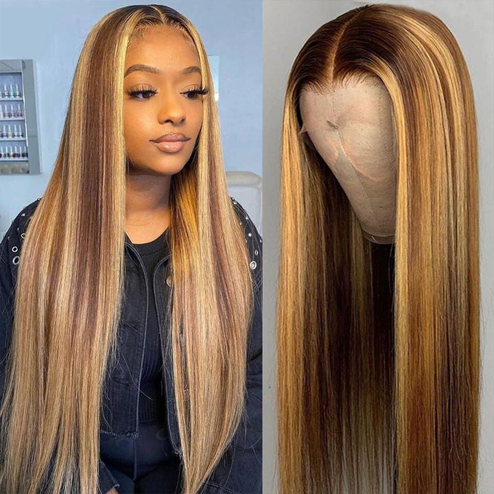 ALIGLOSSY 13x4 Lace Frontal Wig 30 32 34 Inch Straight Human Hair Wig 180 Density 99J Highlight Honey Blonde