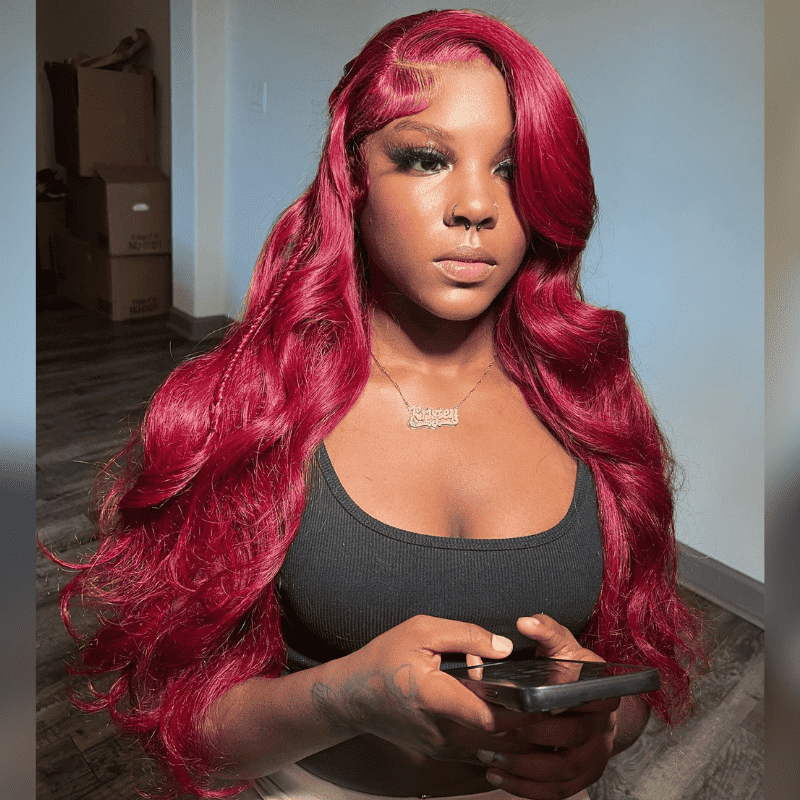 250% high density Body Wave wig, Burgundy 99J Red, 13x4 lace front