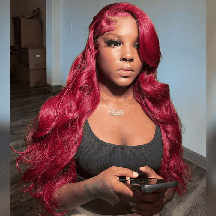 250% high density Body Wave wig, Burgundy 99J Red, 13x4 lace front