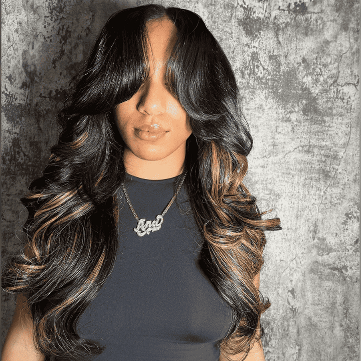 250% high density Body Wave wig, Curtain Bangs, Brown Highlights, 13x4 lace