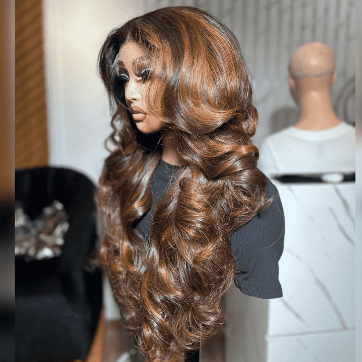 250% high density Body Wave wig, Ginger On Brown Highlights, 13x4 lace
