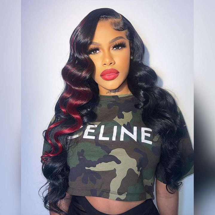 250% high density Wand Curls wig, Black with Red Highlights, 13x4 lace