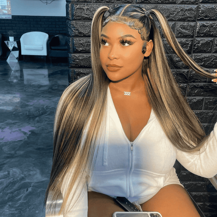 250% high density straight wig, Balayage Brown Highlights, 13x4 HD lace front