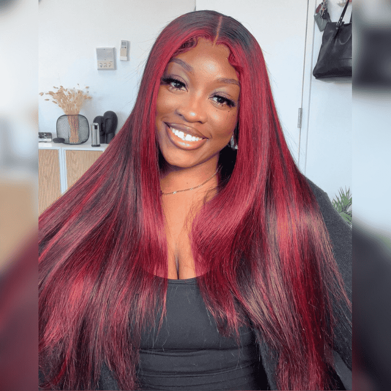 250% high density straight wig, Black With Burgundy Red Highlights, 13x4 lace
