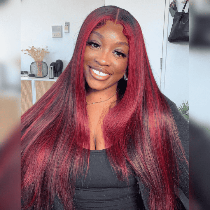 250% high density straight wig, Black With Burgundy Red Highlights, 13x4 lace