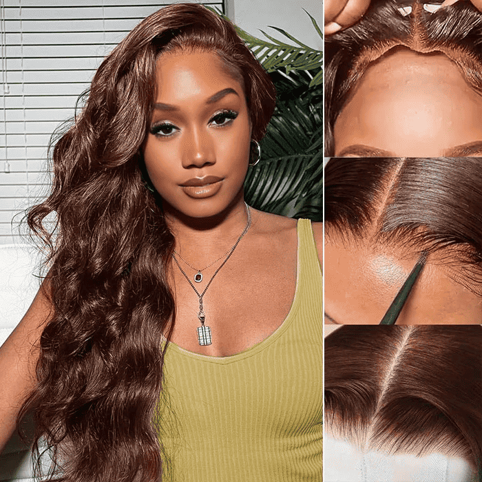 26 inch chocolate brown body wave glueless wig 4x4 lace closure pre-plucked hairline