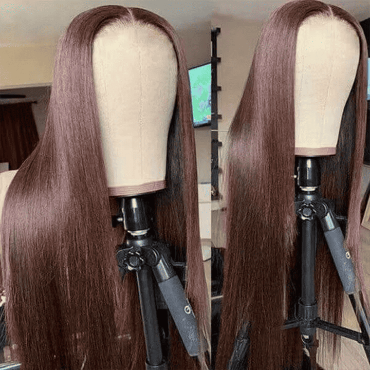 28 inch brown Straight human hair glueless wig 4x4 lace closure natural scalp look