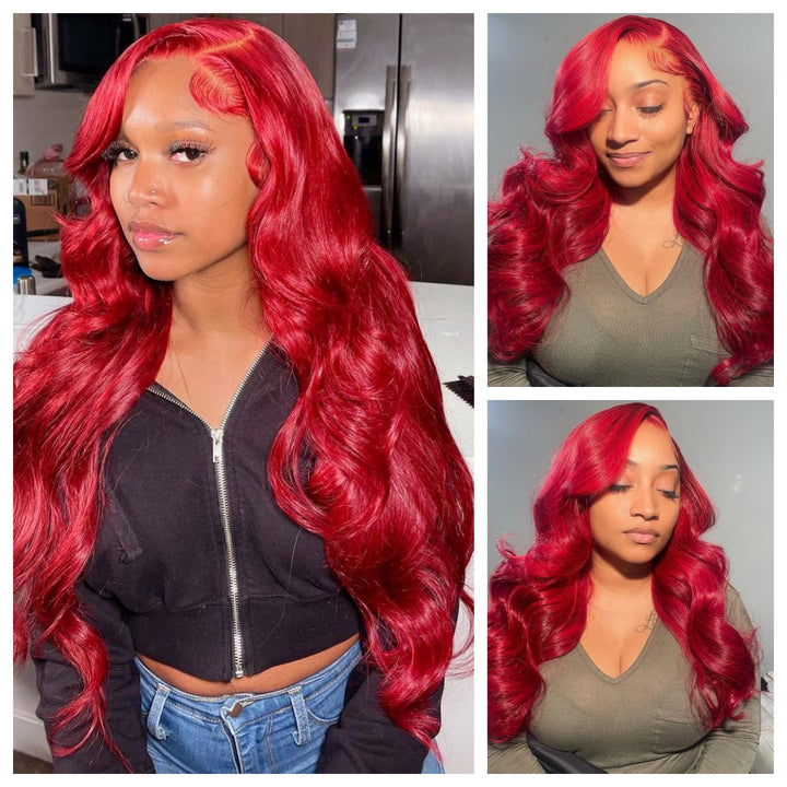 ALIGLOSSY 13x4 Burgundy Body Wave Wig 180 Density Wavy HD Transparent Human Hair Wigs