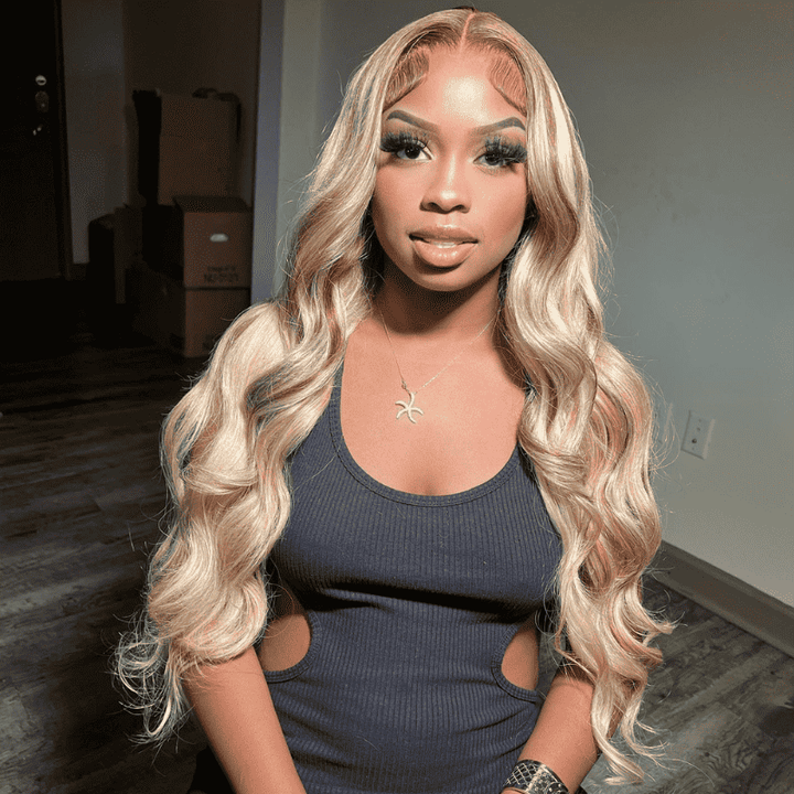 300% Density Blonde Brown Highlights 13x4 lace front wig, Body Wave