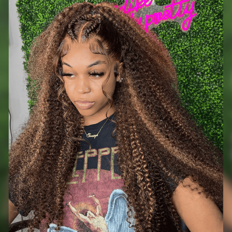 300% Density Honey Blonde Brown Highlights 13x4 lace front wig, Kinky Curly