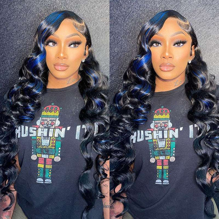 300% density HD lace front wig, Blue Highlights loose deep wave curls