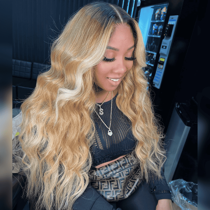 300% high density Body Wave wig, Blonde Skunk Brown Highlights, 13x4 lace