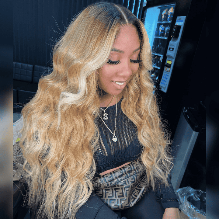300% high density Body Wave wig, Blonde Skunk Brown Highlights, 13x4 lace
