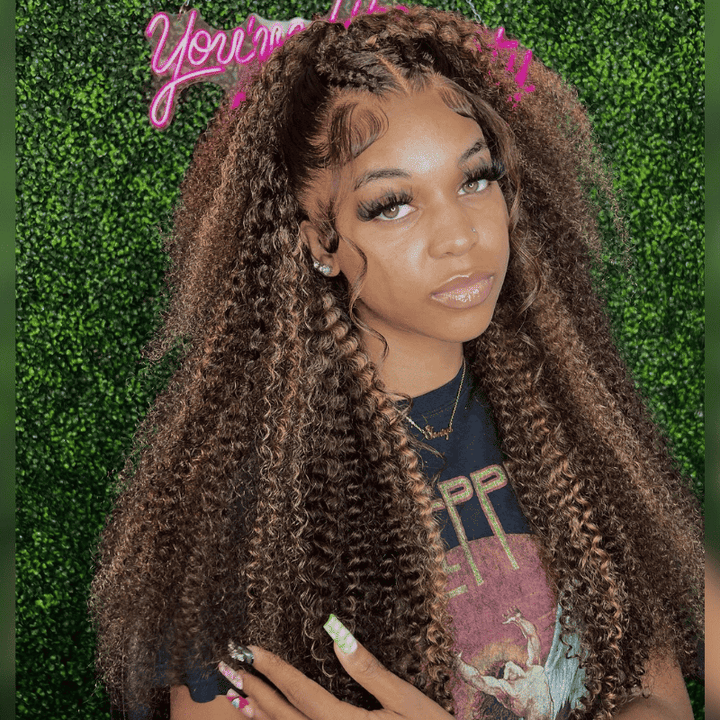 300% high density Kinky Curly wig, Honey Blonde Brown Highlights, 13x4 lace