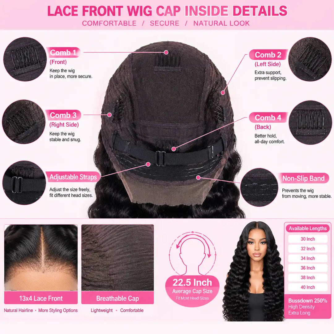 30 32 34 36 38 40 Inch Bussdown 250% High Density Deep Wave Lace Front Human Hair Wig INSIDE DETAIL