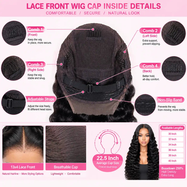 30 32 34 36 38 40 Inch Bussdown 250% High Density Deep Wave Lace Front Human Hair Wig INSIDE DETAIL