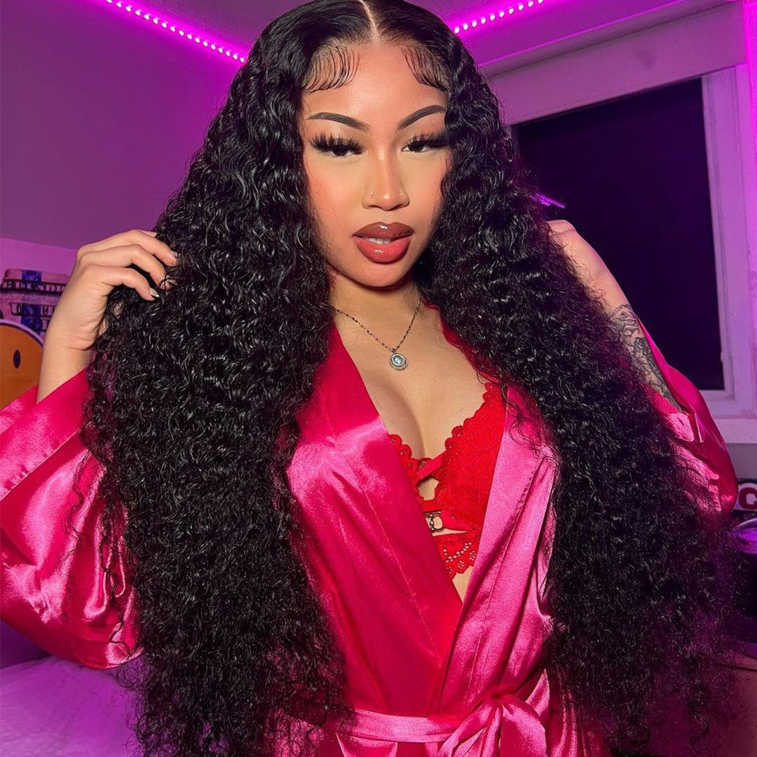 30 32 34 36 38 40 Inch Bussdown 250% High Density Extra Long 13x4 Deep Wave Lace Front Human Hair Wig Front View