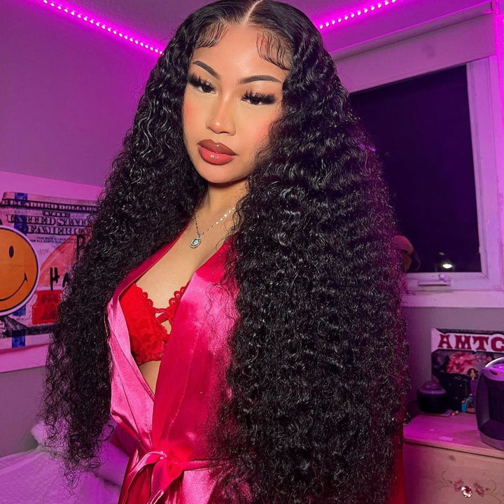 30 32 34 36 38 40 Inch Bussdown 250% High Density Extra Long 13x4 Deep Wave Lace Front Human Hair Wig Side View 