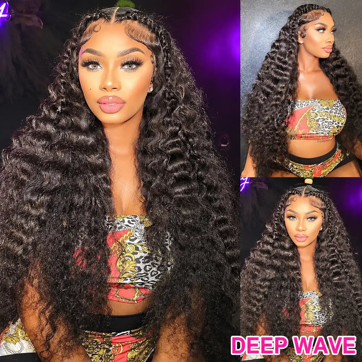 30 32 34 36 38 40 Inch Bussdown Deep Wave Lace Front Wig With 180% 250% Density Thick Human Hair