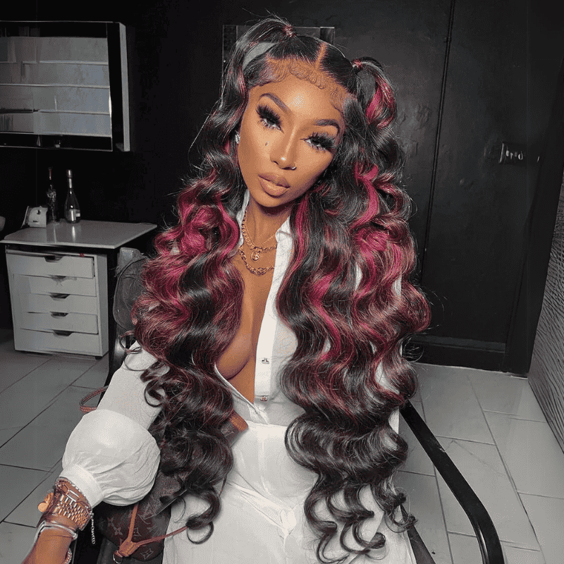 30 32 34 36 inch black wig with Red Highlights, 250% density 13x4 lace front