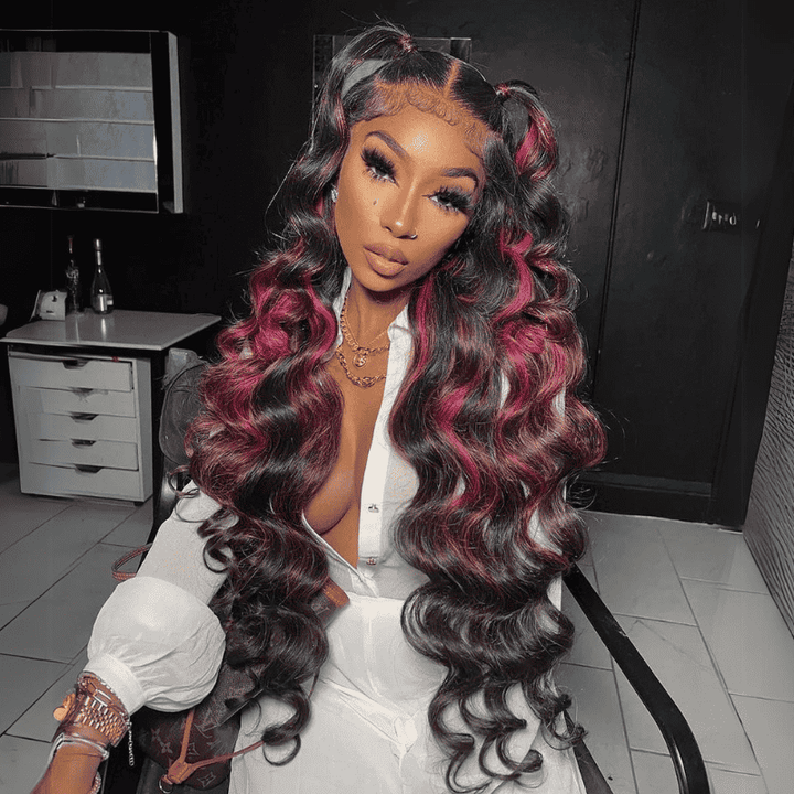 30 32 34 36 inch black wig with Red Highlights, 250% density 13x4 lace front
