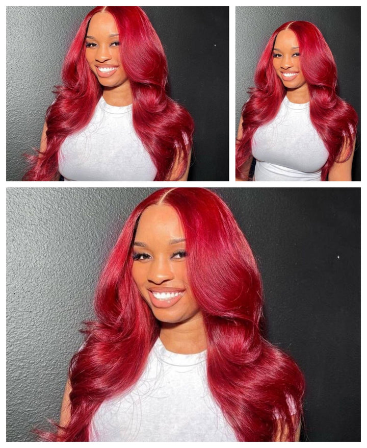ALIGLOSSY 13x4 Burgundy Body Wave Wig 180 Density Wavy HD Transparent Human Hair Wigs