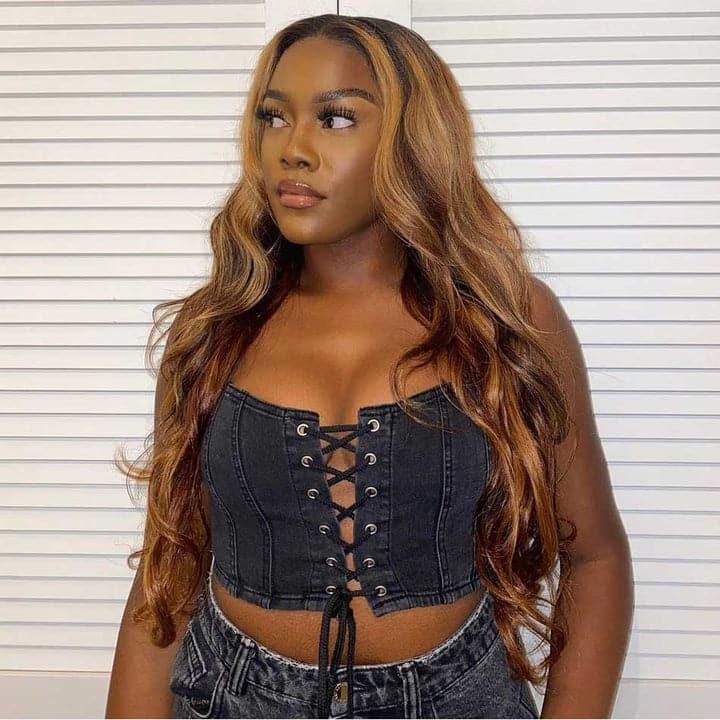 4/30 Highlight Body Wave human hair, 13x4 HD lace front glueless wig