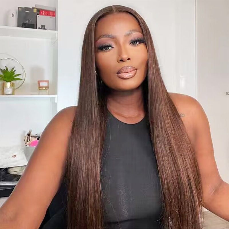 #4 Chocolate Brown Straight glueless wig, 4x4 5x5 HD transparent lace, pre-cut