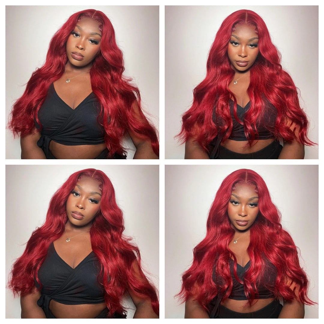 ALIGLOSSY 13x4 Burgundy Body Wave Wig 180 Density Wavy HD Transparent Human Hair Wigs