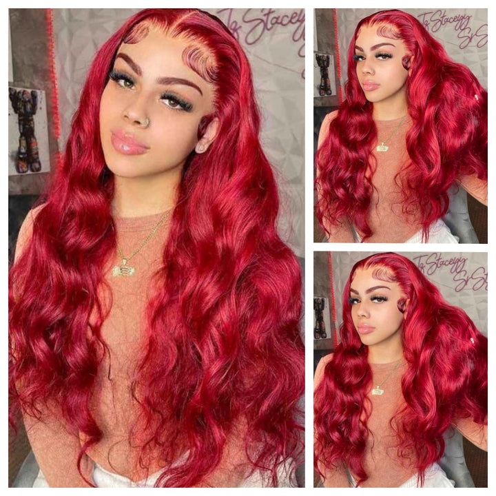 ALIGLOSSY 13x4 Burgundy Body Wave Wig 180 Density Wavy HD Transparent Human Hair Wigs