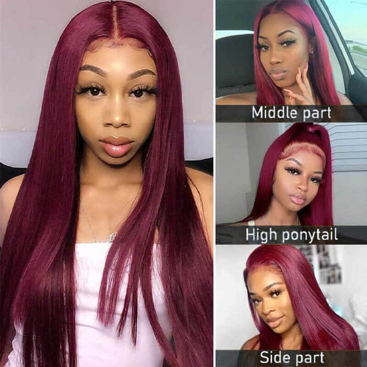 4x4 5x5 HD lace closure wig, 99J Straight human hair, natural looking glueless style