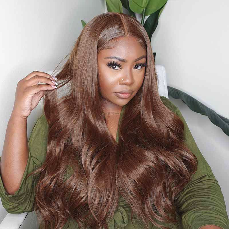 4x4 5x5 HD lace closure wig, Chocolate Brown Body Wave, invisible knots human hair